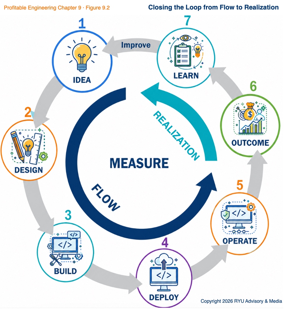 Figure 9.2 from Profitable Engineering: a seven-step loop — idea, design, build, deploy, operate, outcome, learn — circling the word measure, with a navy flow arc spanning idea through operate and a teal realization arc spanning outcome and learn, closing the loop back to improve.