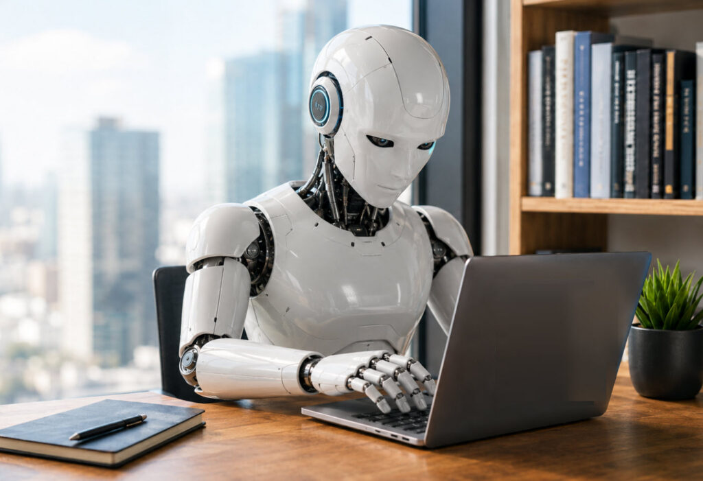 AI robot writing software on a laptop, representing the growth of AI-generated code.